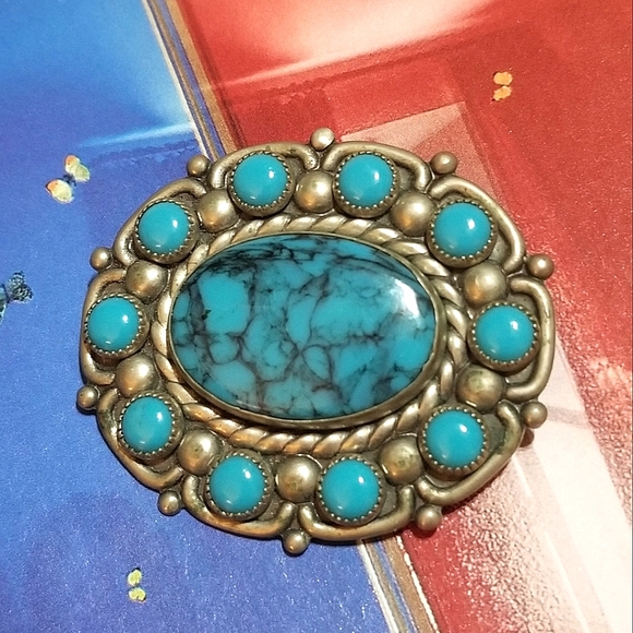 VTG BELL Nickel Silver Turquoise Brooch - Picture 2 of 5